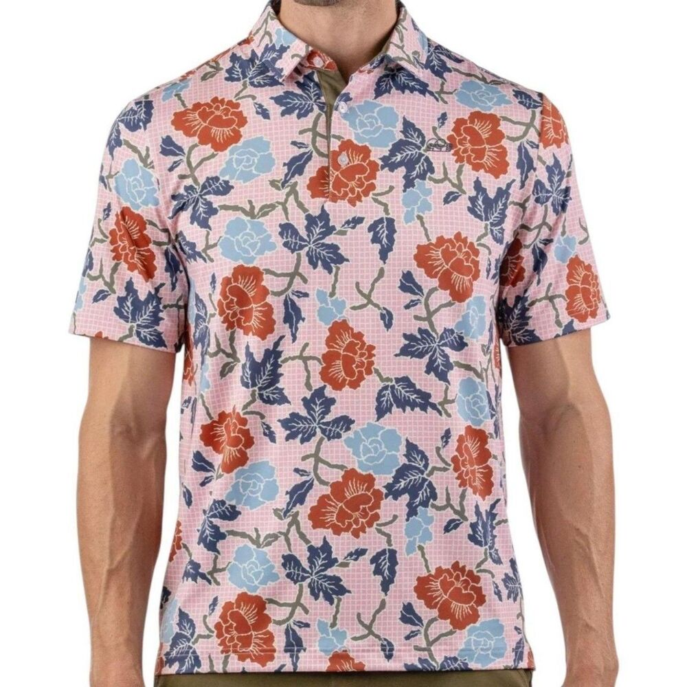 Good Good Golf Pink Canyon Polo Mens  Pink Floral Performance Stretch Shirt NEW